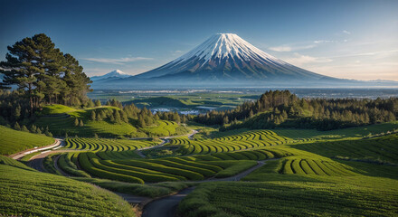 Fototapeta na wymiar Beautiful panoramic view of Mt. Fuji and tea plantations 