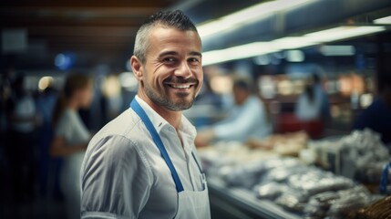 Fototapeta premium Smiling store employee. Retail store, grocery store, bakery, pharmacy with apron working in market.