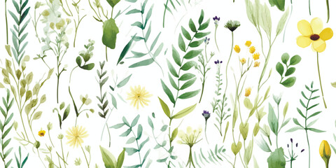 Floral seamless pattern with greenery wildflowers, random abstract plants, flowers and leaves on white background. Watercolor illustration