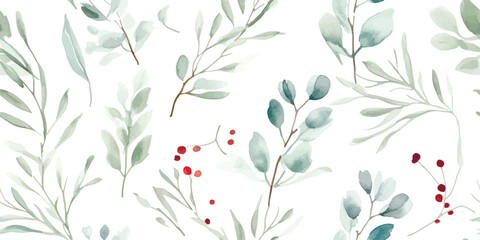 Watercolor seamless pattern with winter branches, leaves eucalyptus and Christmas twigs. Tender floral green illustration on white background in vintage style