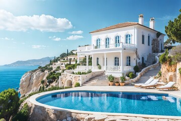 Fototapeta na wymiar pool in the resort, a Traditional white Mediterranean-style house. Generative AI