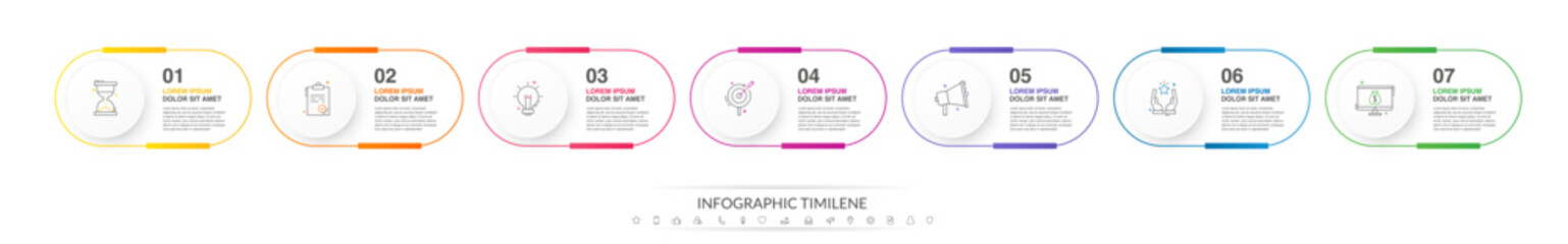 Line vector minimal infographic with 7 circles. Modern timeline business concept with seven steps by step for diagram, chart, flowchart, levels, graphic, app, web