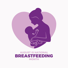 Obraz na płótnie Canvas August is national Breastfeeding Month vector illustration. Woman breastfeeding newborn baby purple silhouette icon vector. Nursing mother with baby symbol. Important day