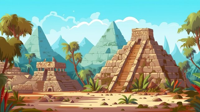 Abstract background Aztecs. Designing of a background that transports viewers to the ancient world of the Aztecs, featuring a temple as a symbol of their historical prominence. Generative AI.