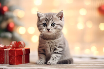 A cute, ignorant, little kitty with a Christmas gifts and Christmas lights in the room. New Year and holiday concept.