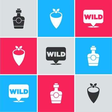 Set Tequila bottle, Cowboy bandana and Pointer to wild west icon. Vector