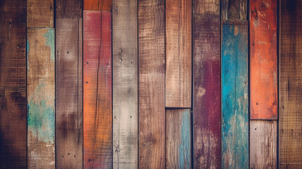 wooden boards shabby multicolored rainbow watercolor background. Generative AI