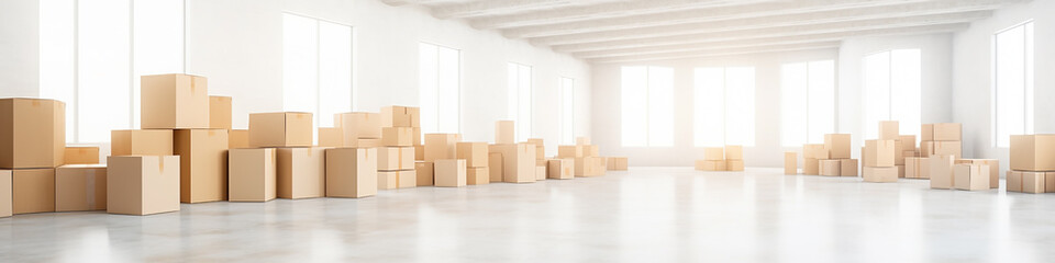 cardboard boxes isolated on a long narrow white background panorama row. Generative AI