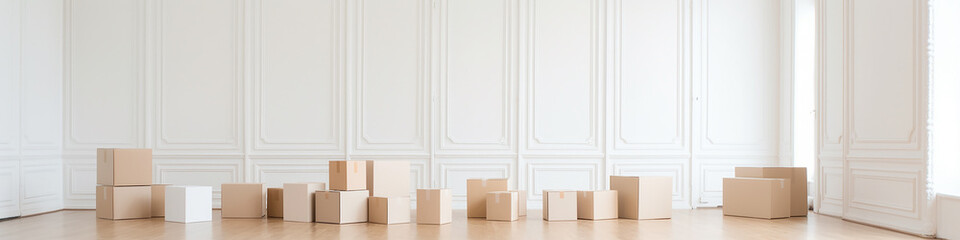 cardboard boxes isolated on a long narrow white background panorama row. Generative AI