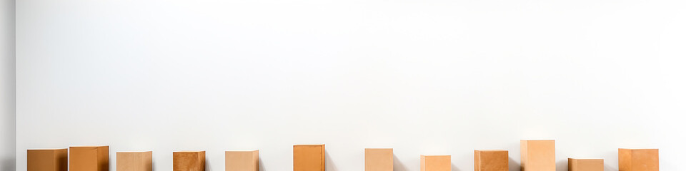 cardboard boxes isolated on a long narrow white background panorama row. Generative AI