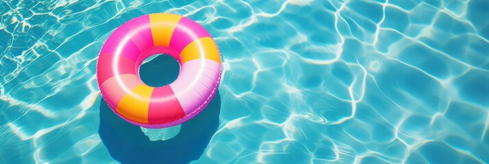 Pastel color inflatable ring, kids buoy on swimming pool background, view from above