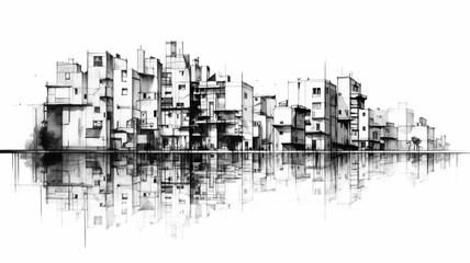 black and white sketch city with reflection  drawing in watercolor pencil. Generative AI
