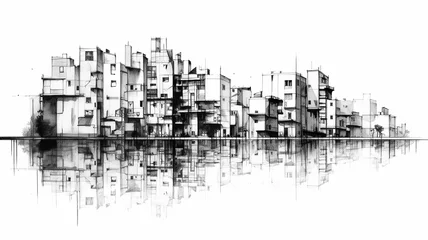 Stickers pour porte Peinture d aquarelle gratte-ciel black and white sketch city with reflection  drawing in watercolor pencil. Generative AI