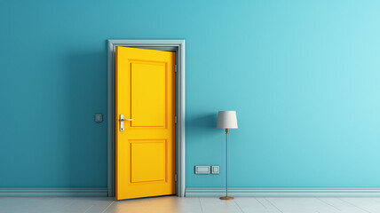 yellow door on a blue background abstract interior. Generative AI