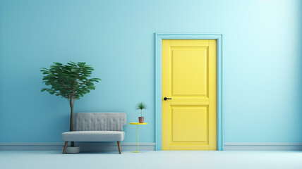 yellow door on a blue background abstract interior. Generative AI