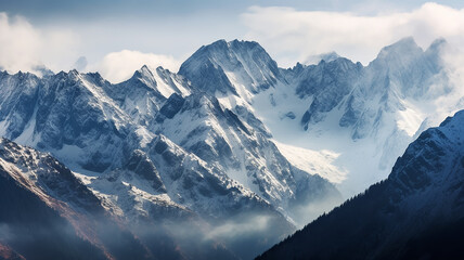Fototapeta na wymiar panorama landscape of mountains snowy peaks of rocks in fog and clouds. Generative AI