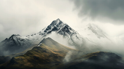 Fototapeta na wymiar panorama landscape of mountains snowy peaks of rocks in fog and clouds. Generative AI