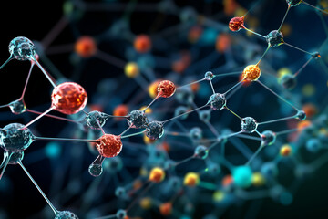 A photo of a network of molecules, with some molecules highlighted, representing key elements in a chemical system Generative AI