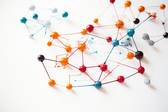 An image of a network of molecules on a white backdrop, with labels indicating chemical formulas and bond types Generative AI
