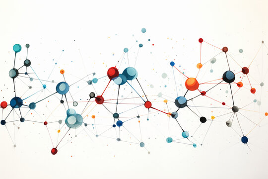 An illustration of a network of molecules on a white background, interconnected to represent chemical bonding and interactions Generative AI