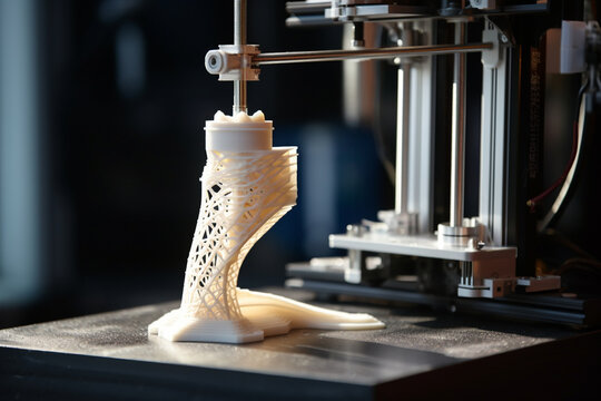 A photo of a 3D printer printing a prosthetic limb, demonstrating the potential for life-changing applications Generative AI