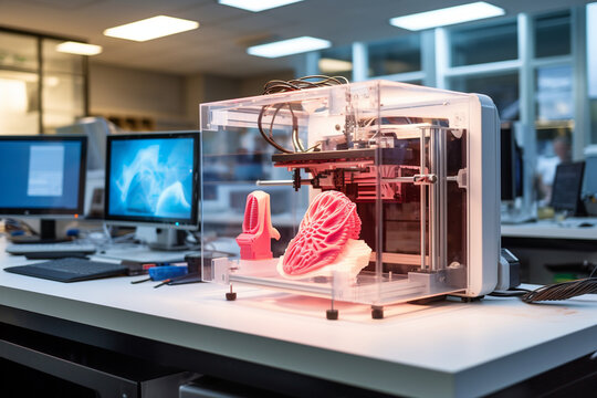 A picture of a 3D printer at work in a lab, producing medical models that aid in surgical planning and education Generative AI