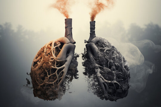 An image of a healthy pair of lungs contrasted with blackened and diseased lungs to illustrate the harmful effects of smoking Generative AI