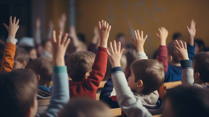 In the classroom for the answer to the lesson, learning and education, children's development, knowledge, and young students raise their hands to ask for opinions. generative AI