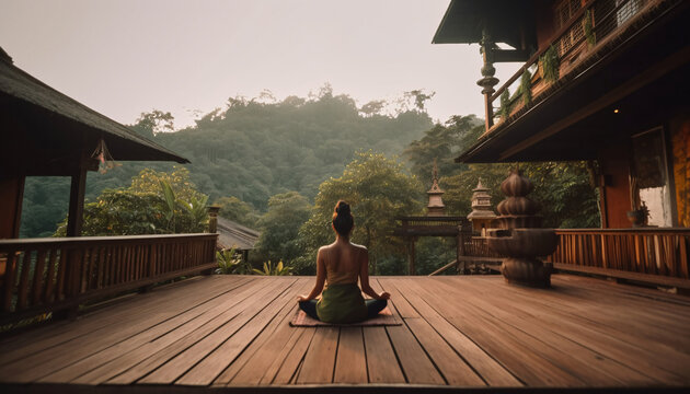Woman yoga meditation sitting on terrace in nature, mental health care concept. AI generated