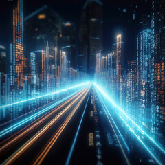 Fototapeta na wymiar Data Highway A 3D Rendering of Abstract Path through Digital Binary Towers in a Futuristic City