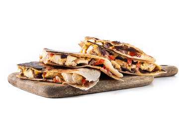 Mexican quesadilla with chicken, cheese and peppers isolated on white background