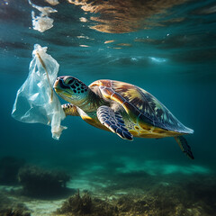 Waste segregation. Waste Ocean pollution is an ecological catastrophe Plastic bags . A turtle surrounded by debris behind. Generative Ai.