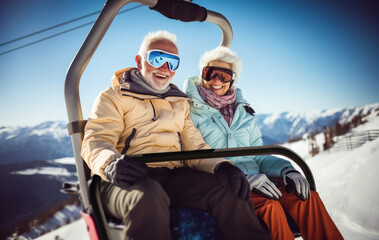 old happy couple sitting on a ski  lift, generative ai