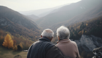 Obraz premium Elderly senior couple hugging while walking or traveling in the mountains, back view, AI generated