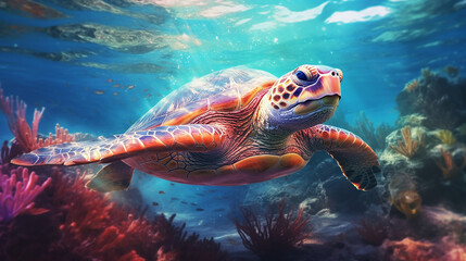 Fototapeta premium Ocean pollution is an ecological catastrophe Plastic bags . A turtle surrounded by debris behind. Generative Ai.
