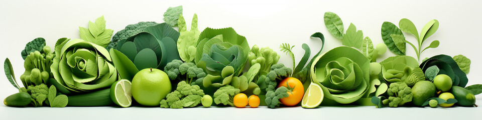 green vegetables and fruits isolated on a white background long frame panorama eco vegetarian. Generative AI