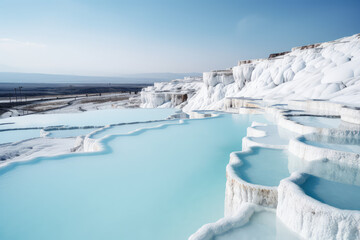 Obraz premium Natural travertine pools and terraces. Creative wallpaper with unusual amazing natural landscapes. Nobody.