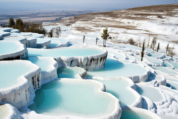 Natural travertine pools and terraces. Creative wallpaper with unusual amazing natural landscapes. Nobody.
