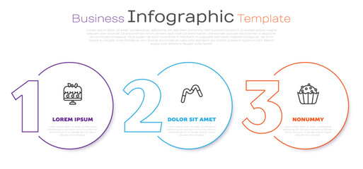 Set line Cake on plate, Jelly worms candy and Cupcake. Business infographic template. Vector