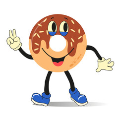 Kawaii illustration of donut whith glazing. Donut character with eyes and legs.Character cute smiley comic.  Flat design. Vector illustration isolated on white background. 