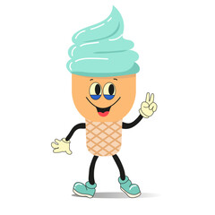 Kawaii illustration of ice cream cone. Ice cream cone character with eyes and legs.Character cute smiley comic.  Flat design. Vector illustration isolated on white background. 