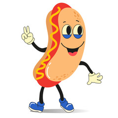 Kawaii illustration of hot dog. Cute funny character for fast food. Flat design. Vector Illustration