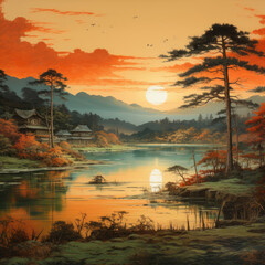 Serene Elegance Japanese Watercolor Art of Old Japanese Landscapes