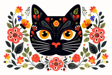Pattern design using cat head and flowers and leaves. Pet. Animals. Illustration, Generative AI.