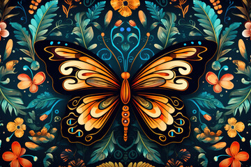 Pattern design using colorful butterfly and flowers and leaves. Pet. Animals. Illustration, Generative AI.