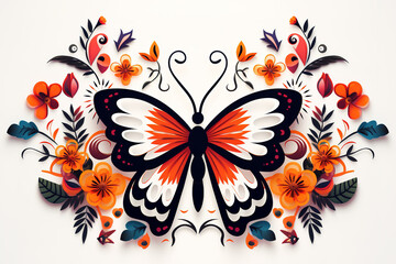 Pattern design using colorful butterfly and flowers and leaves. Pet. Animals. Illustration, Generative AI.
