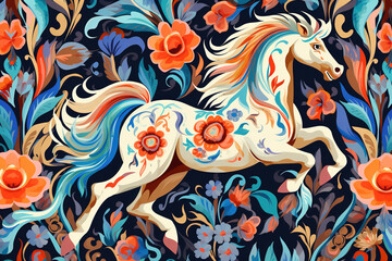 Obraz premium Image of pattern design using horse and flowers and leaves. Wildlife Animals. Illustration, Generative AI.
