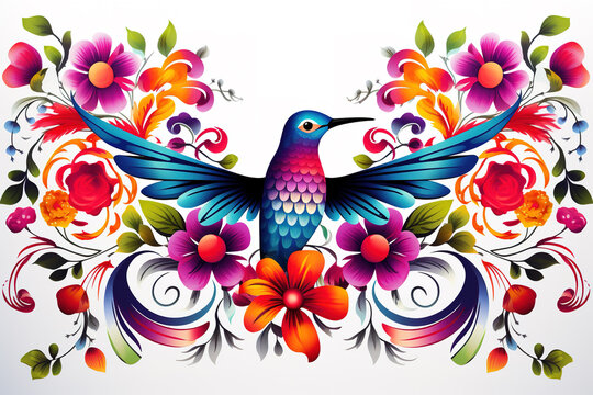 Image of pattern design using hummingbird and flowers and leaves. Wildlife Animals. Bird. Illustration, Generative AI.