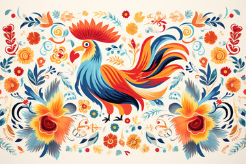 Image of pattern design using rooster and flowers and leaves. Farm animals. Illustration, Generative AI.