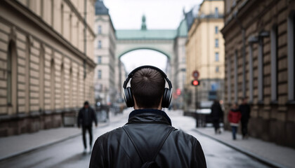 Back view of a man listening to music with headphones in the city, AI generated